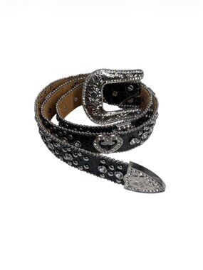 Bling Western Rhinestone Belt Black Leather Croc Heart Cross XL